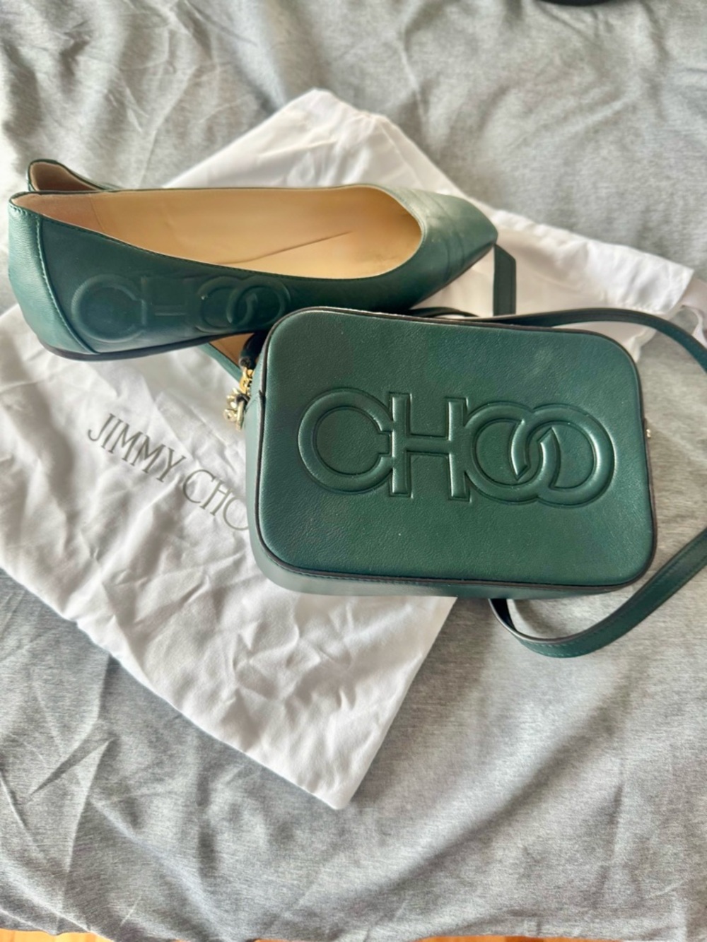 Jimmy Choo BAG AND SHOES.Dark Green Embossed Leather Crossbody and SHOES sz 7
